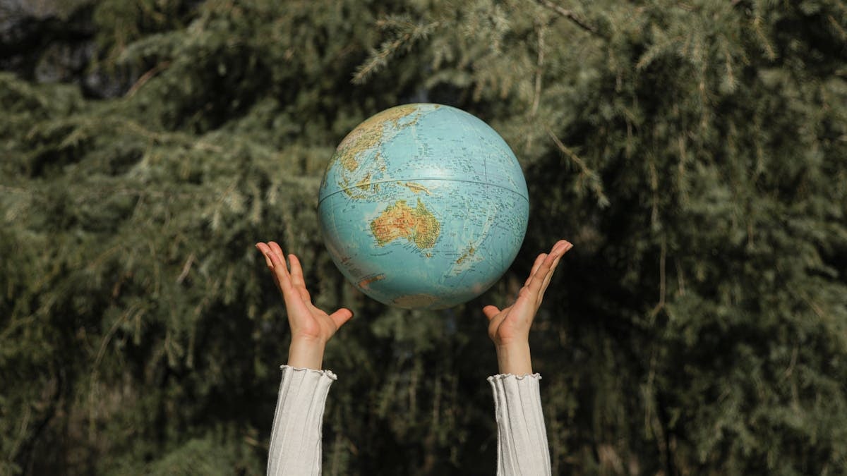 Hands raising a globe against a lush green tree backdrop, symbolizing environmental awareness.